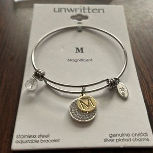 Great gift M initial stainless steel bracelet silver plate charms crystal